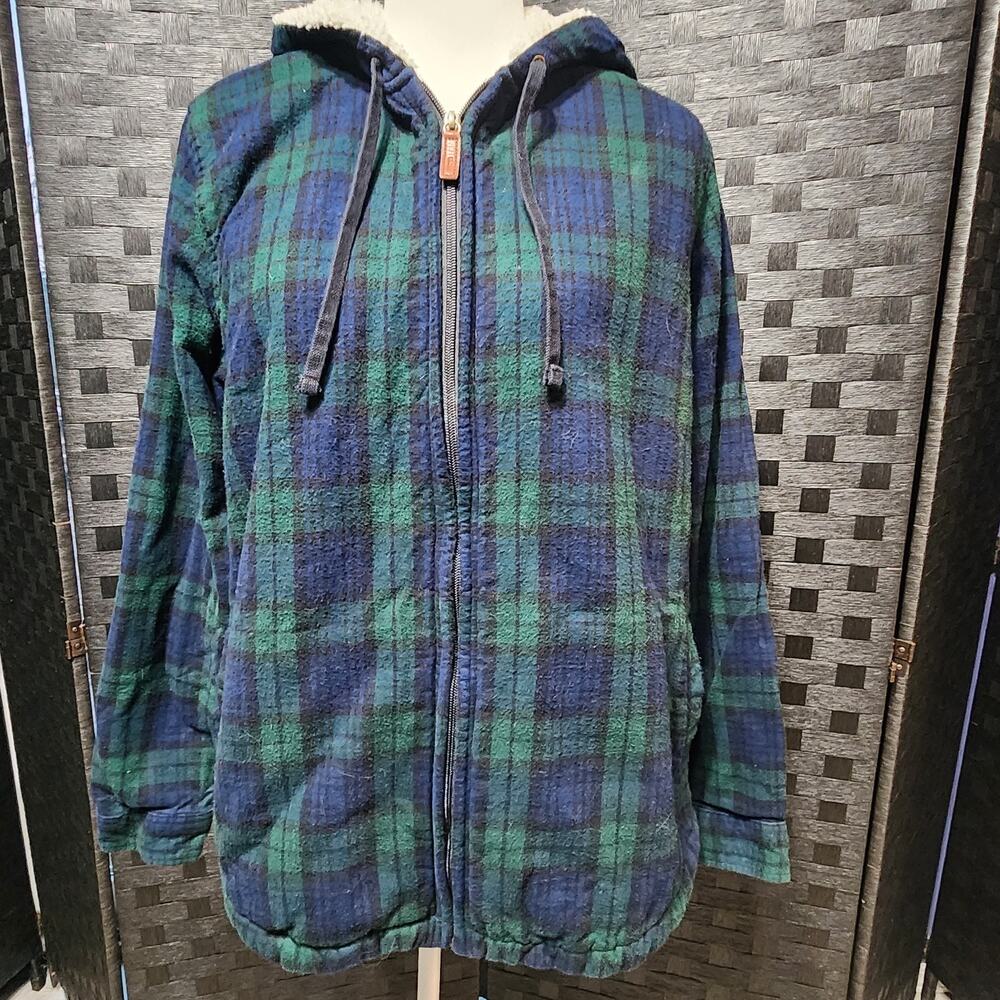 LL BEAN Jacket Flannel Womens 1X Relaxed Sherpa Lined Scotch Plaid Hooded Green